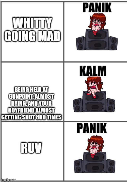 girlfriend panik, kalm, panik | WHITTY GOING MAD BEING HELD AT GUNPOINT, ALMOST DYING, AND YOUR BOYFRIEND ALMOST GETTING SHOT 800 TIMES RUV | image tagged in girlfriend panik kalm panik | made w/ Imgflip meme maker