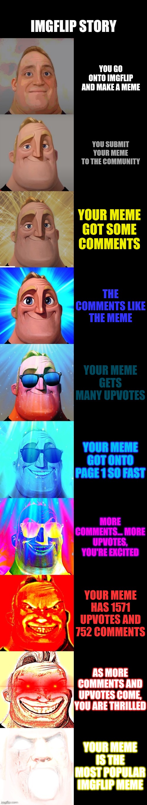 mr incredible becoming canny | IMGFLIP STORY; YOU GO ONTO IMGFLIP AND MAKE A MEME; YOU SUBMIT YOUR MEME TO THE COMMUNITY; YOUR MEME GOT SOME COMMENTS; THE COMMENTS LIKE THE MEME; YOUR MEME GETS MANY UPVOTES; YOUR MEME GOT ONTO PAGE 1 SO FAST; MORE COMMENTS... MORE UPVOTES, YOU'RE EXCITED; YOUR MEME HAS 1571 UPVOTES AND 752 COMMENTS; AS MORE COMMENTS AND UPVOTES COME, YOU ARE THRILLED; YOUR MEME IS THE MOST POPULAR IMGFLIP MEME | image tagged in mr incredible becoming canny | made w/ Imgflip meme maker