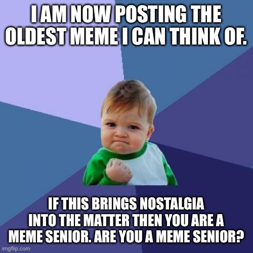 Success Kid | I AM NOW POSTING THE OLDEST MEME I CAN THINK OF. IF THIS BRINGS NOSTALGIA INTO THE MATTER THEN YOU ARE A MEME SENIOR. ARE YOU A MEME SENIOR? | image tagged in memes,success kid | made w/ Imgflip meme maker