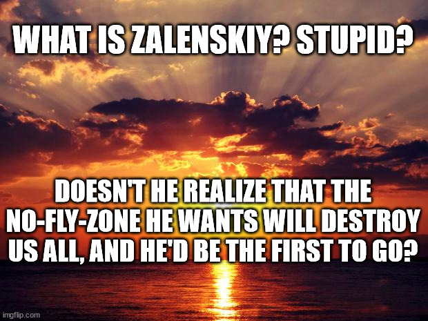 Sunset | WHAT IS ZALENSKIY? STUPID? DOESN'T HE REALIZE THAT THE NO-FLY-ZONE HE WANTS WILL DESTROY US ALL, AND HE'D BE THE FIRST TO GO? | image tagged in sunset | made w/ Imgflip meme maker