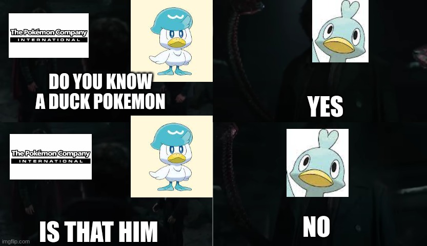 Pokemon Company and quaxly in a nutshell | DO YOU KNOW A DUCK POKEMON; YES; NO; IS THAT HIM | image tagged in pokemon,spiderman | made w/ Imgflip meme maker