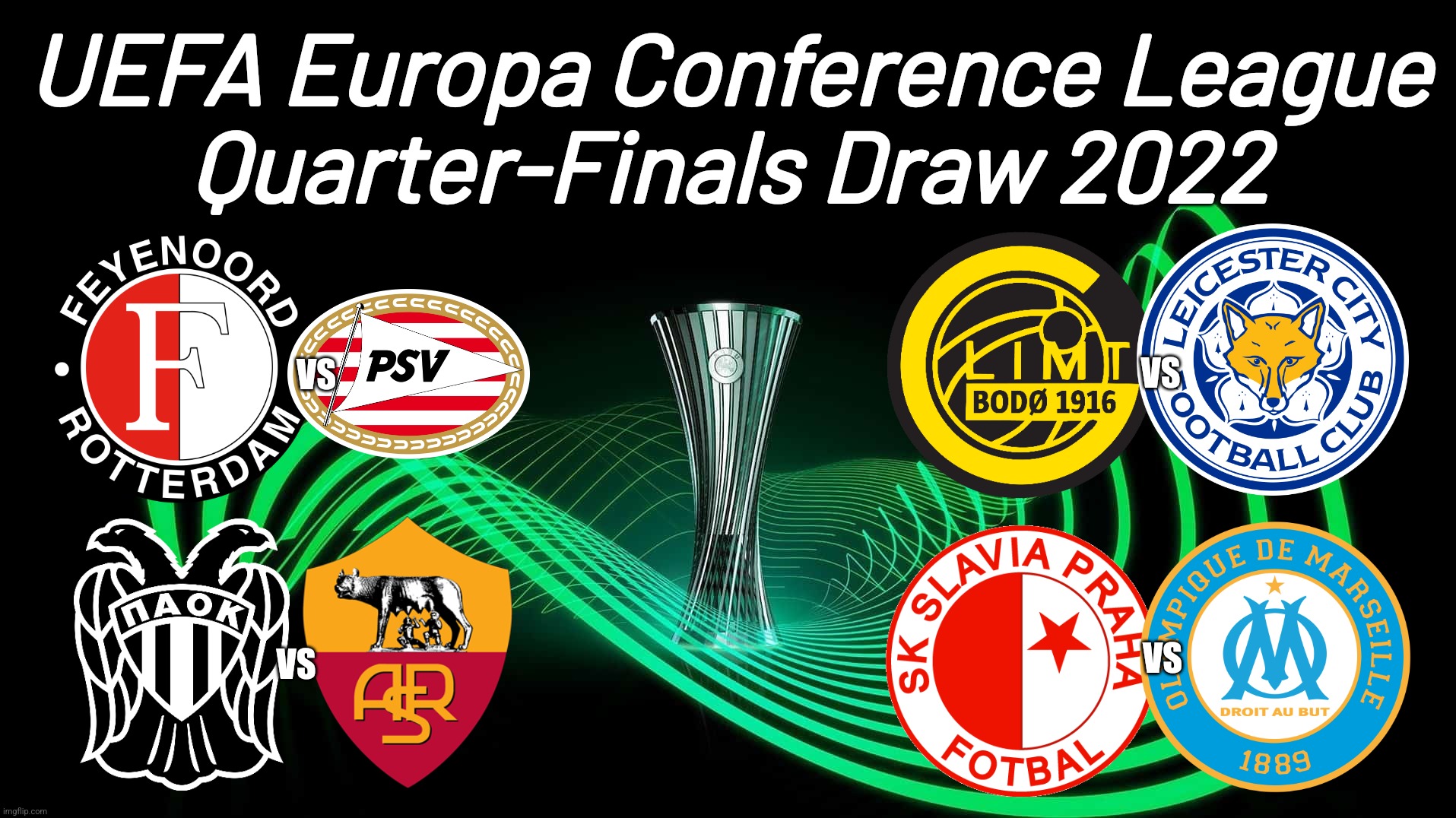 My Conference League Quarter-Finals Draw 2022 Prediction | UEFA Europa Conference League
Quarter-Finals Draw 2022; VS; VS; VS; VS | image tagged in europa conference league,as roma,marseille,leicester city,futbol | made w/ Imgflip meme maker