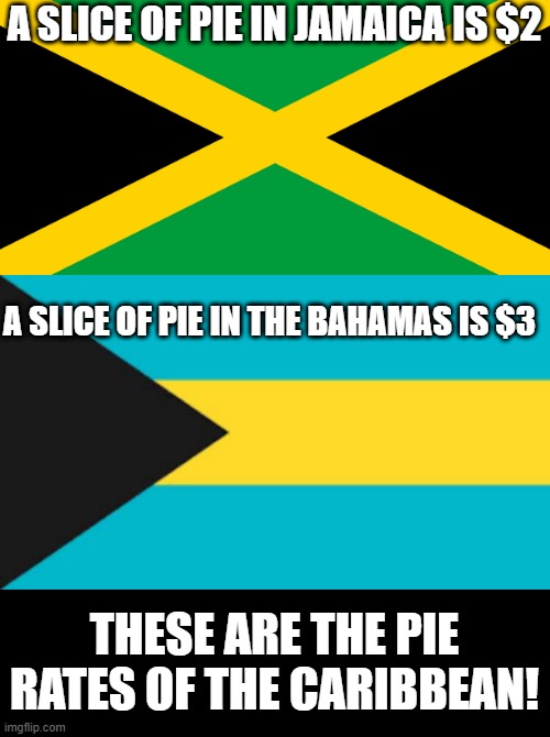 Hardy Aargh Aargh | A SLICE OF PIE IN JAMAICA IS $2; A SLICE OF PIE IN THE BAHAMAS IS $3; THESE ARE THE PIE RATES OF THE CARIBBEAN! | image tagged in jamaican flag | made w/ Imgflip meme maker