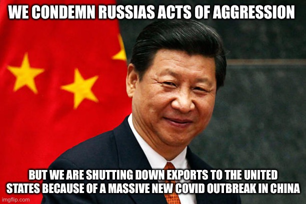 Xi Jinping | WE CONDEMN RUSSIAS ACTS OF AGGRESSION; BUT WE ARE SHUTTING DOWN EXPORTS TO THE UNITED STATES BECAUSE OF A MASSIVE NEW COVID OUTBREAK IN CHINA | image tagged in xi jinping,new normal,true story bro,russia,ukraine,china | made w/ Imgflip meme maker