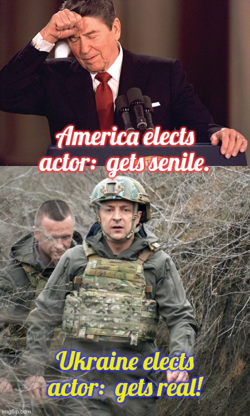 Based Ukraine | America elects actor:  gets senile. Ukraine elects actor:  gets real! | image tagged in ronald reagan,zelinsky the lion,hope and change | made w/ Imgflip meme maker