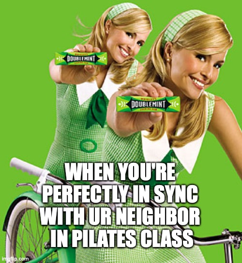 WHEN YOU'RE 
PERFECTLY IN SYNC 
WITH UR NEIGHBOR 
IN PILATES CLASS | image tagged in doublemint twins | made w/ Imgflip meme maker