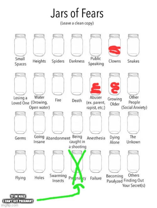 Forgot It Was St. Patrick's Day. | TF IM MALE
I CAN'T GET PREGNANT | image tagged in jar of fears clear version | made w/ Imgflip meme maker