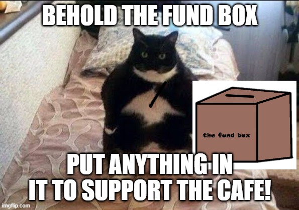the fund box |  BEHOLD THE FUND BOX; PUT ANYTHING IN IT TO SUPPORT THE CAFE! | image tagged in good stuff,happy | made w/ Imgflip meme maker