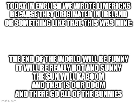 Blank White Template | TODAY IN ENGLISH WE WROTE LIMERICKS BECAUSE THEY ORIGINATED IN IRELAND OR SOMETHING LIKE THAT. THIS WAS MINE:; THE END OF THE WORLD WILL BE FUNNY
IT WILL BE REALLY HOT AND SUNNY
THE SUN WILL KABOOM
AND THAT IS OUR DOOM
AND THERE GO ALL OF THE BUNNIES | image tagged in blank white template | made w/ Imgflip meme maker