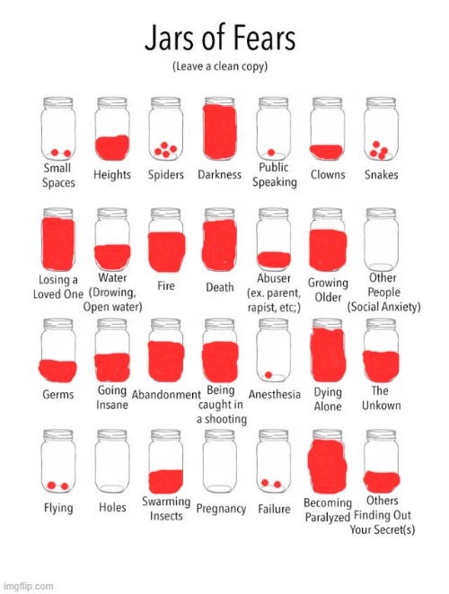 yes im literally scared of everything (also, the abuser one was supposed to be nearly full, I forgor to fill it up) | image tagged in jar of fears clear version | made w/ Imgflip meme maker