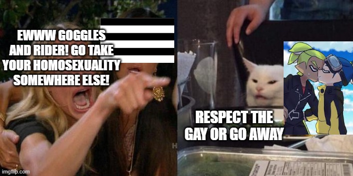 Woman Screaming at Cat | EWWW GOGGLES AND RIDER! GO TAKE YOUR HOMOSEXUALITY SOMEWHERE ELSE! RESPECT THE GAY OR GO AWAY | image tagged in woman screaming at cat | made w/ Imgflip meme maker