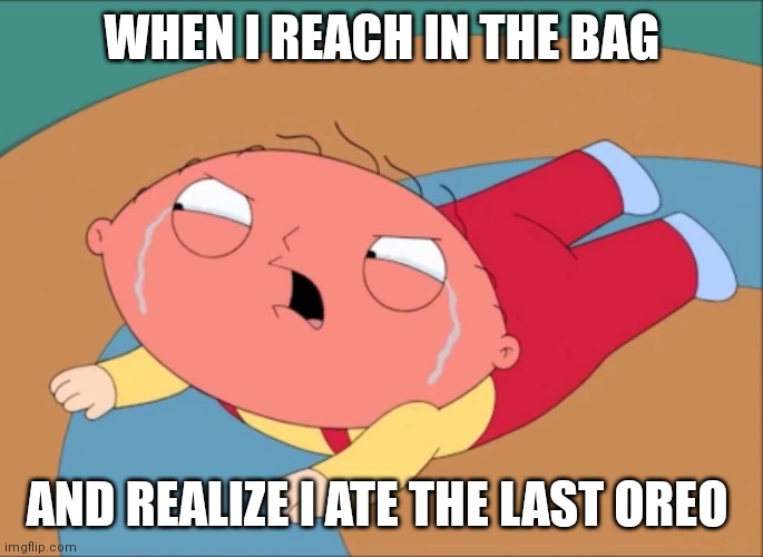 Stewie Tantrum | WHEN I REACH IN THE BAG; AND REALIZE I ATE THE LAST OREO | image tagged in stewie tantrum | made w/ Imgflip meme maker