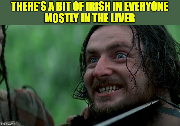 Irish In Everyone | THERE'S A BIT OF IRISH IN EVERYONE
MOSTLY IN THE LIVER | image tagged in braveheart- stephen the irishman,saint patrick's day | made w/ Imgflip meme maker