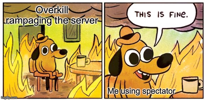 This Is Fine | Overkill rampaging the server; Me using spectator | image tagged in memes,this is fine | made w/ Imgflip meme maker