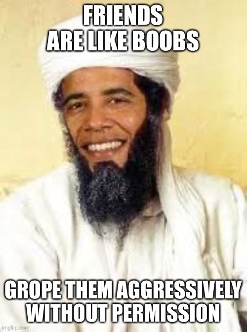 Wisdom from Obama Bin Laden | FRIENDS ARE LIKE BOOBS; GROPE THEM AGGRESSIVELY WITHOUT PERMISSION | image tagged in memes,osabama | made w/ Imgflip meme maker