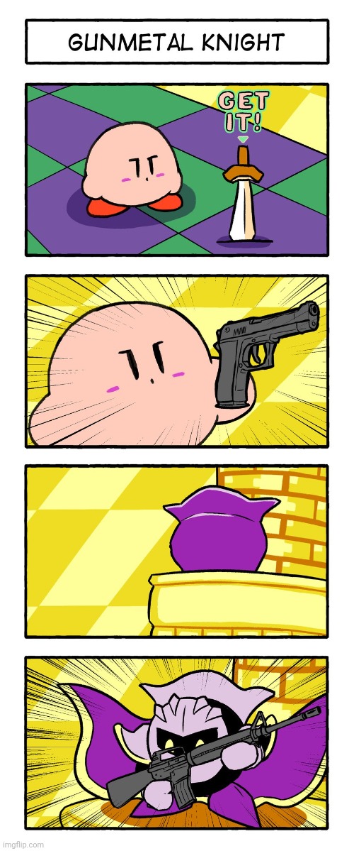 KIRBY TURNS INTO A SHOOTER GAME | image tagged in kirby,comics/cartoons,meta knight | made w/ Imgflip meme maker