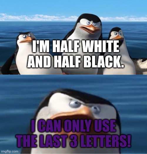 Wouldn't that make you | I'M HALF WHITE AND HALF BLACK. I CAN ONLY USE THE LAST 3 LETTERS! | image tagged in wouldn't that make you | made w/ Imgflip meme maker