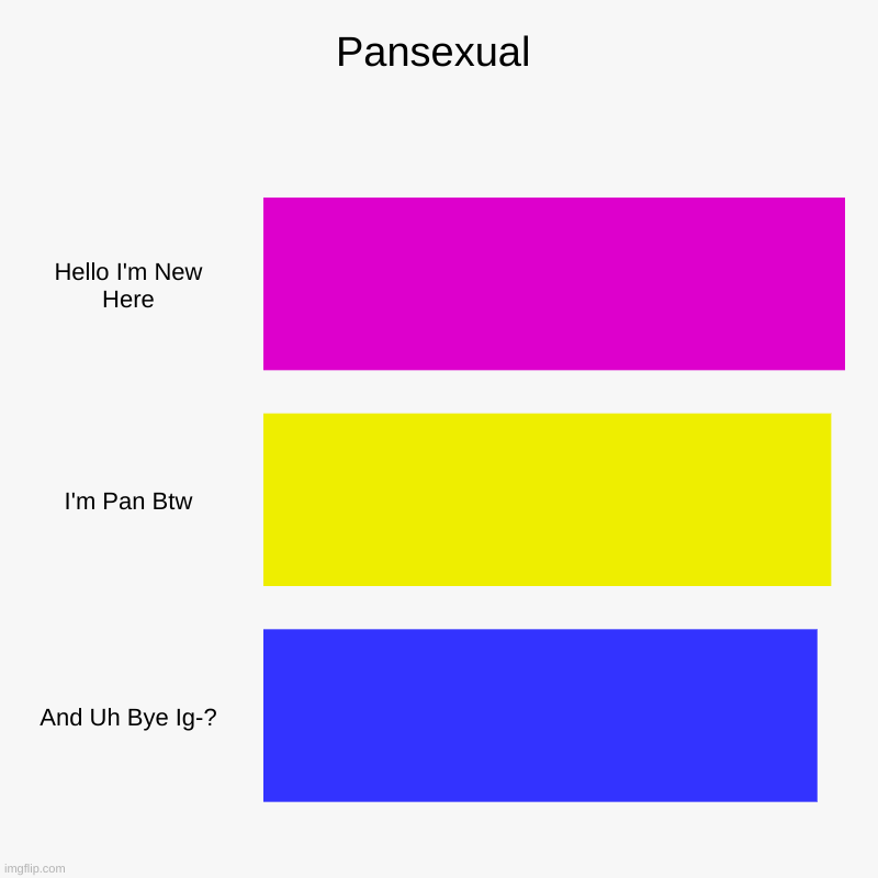 woo | Pansexual | Hello I'm New Here, I'm Pan Btw, And Uh Bye Ig-? | image tagged in charts,bar charts | made w/ Imgflip chart maker