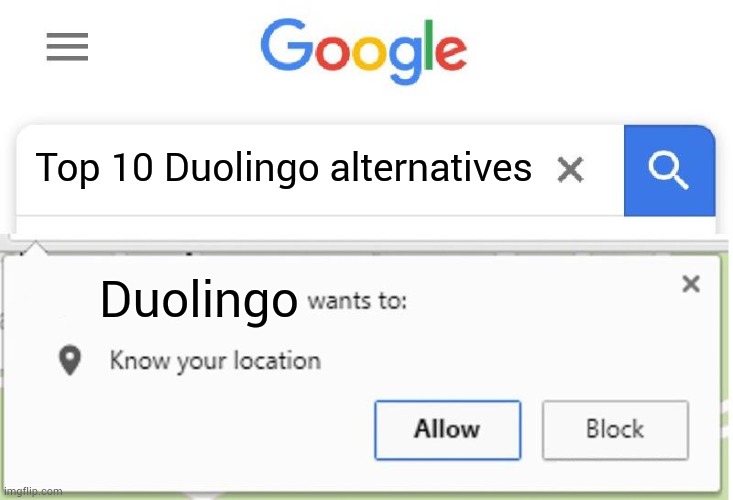 SPARE ME DUOLINGO | Top 10 Duolingo alternatives; Duolingo | image tagged in wants to know your location,duolingo | made w/ Imgflip meme maker