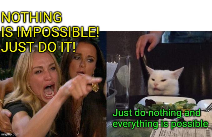 Woman Yelling At Cat | NOTHING IS IMPOSSIBLE! JUST DO IT! Just do nothing and everything is possible | image tagged in memes,woman yelling at cat | made w/ Imgflip meme maker