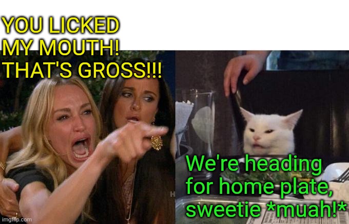 Woman Yelling At Cat | YOU LICKED MY MOUTH! THAT'S GROSS!!! We're heading for home plate, sweetie *muah!* | image tagged in memes,woman yelling at cat | made w/ Imgflip meme maker