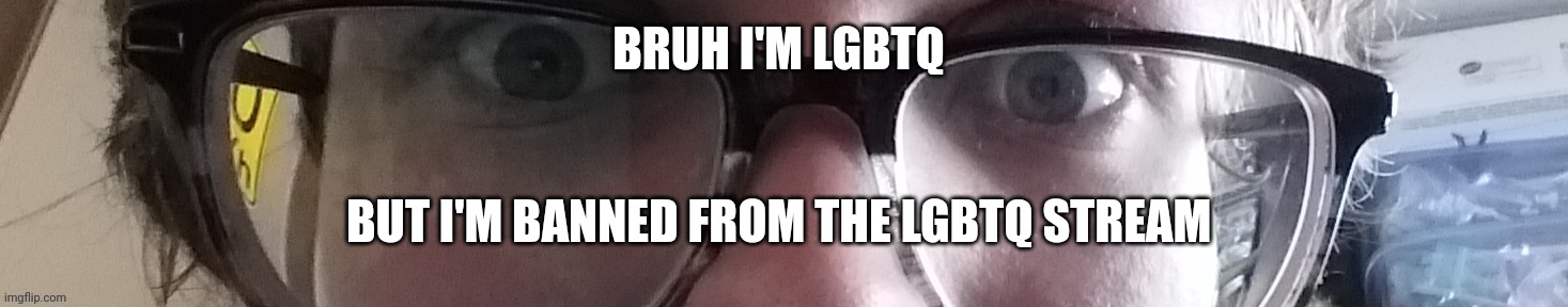 Friendly fire? -Sauce | BRUH I'M LGBTQ; BUT I'M BANNED FROM THE LGBTQ STREAM | image tagged in he stare | made w/ Imgflip meme maker