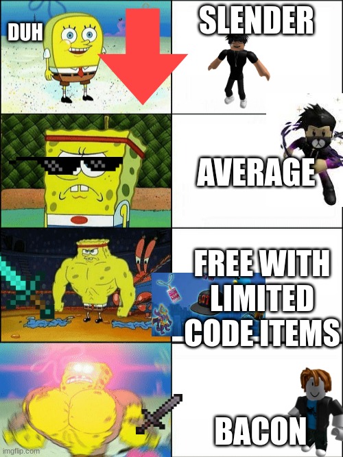 roblox outfit microprototype | DUH; SLENDER; AVERAGE; FREE WITH LIMITED CODE ITEMS; BACON | image tagged in increasingly buff spongebob | made w/ Imgflip meme maker