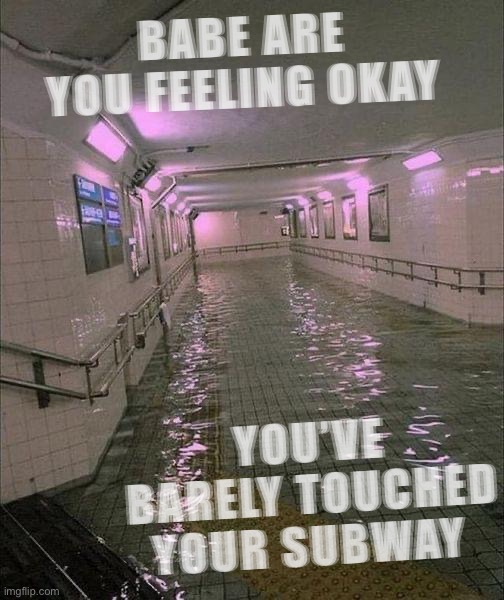 This could be us but u didnt included runoff management & flooding prevention in the infrastructure bill :( | BABE ARE YOU FEELING OKAY; YOU’VE BARELY TOUCHED YOUR SUBWAY | image tagged in s,u,b,w,a,y | made w/ Imgflip meme maker