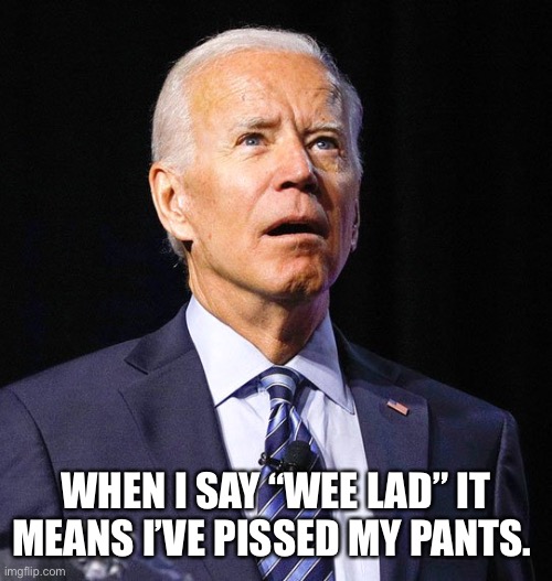 Joe Biden | WHEN I SAY “WEE LAD” IT MEANS I’VE PISSED MY PANTS. | image tagged in joe biden | made w/ Imgflip meme maker