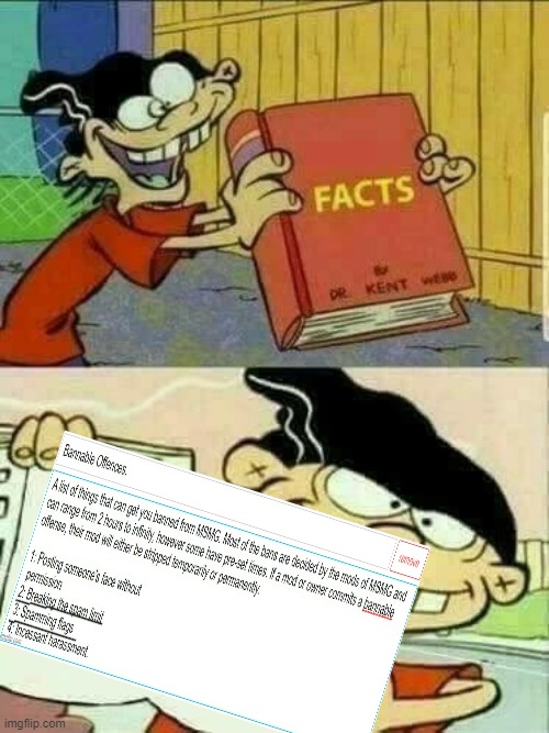 The two most common things people get banned for, how can we at MSMG and the SM's negotiate to fix the flag spam? | image tagged in double d facts book | made w/ Imgflip meme maker