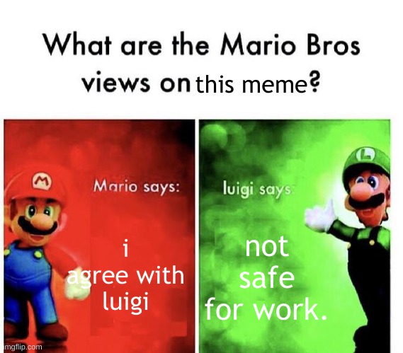 Mario Bros Views | i agree with luigi not safe for work. this meme | image tagged in mario bros views | made w/ Imgflip meme maker