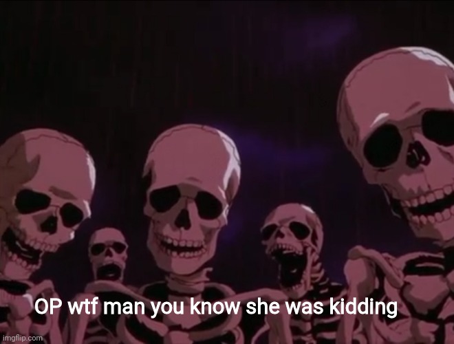 Hater skeletons | OP wtf man you know she was kidding | image tagged in hater skeletons | made w/ Imgflip meme maker