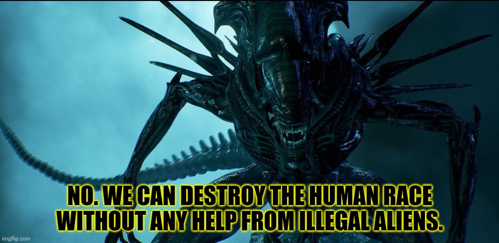 Alien Queen | NO. WE CAN DESTROY THE HUMAN RACE WITHOUT ANY HELP FROM ILLEGAL ALIENS. | image tagged in alien queen | made w/ Imgflip meme maker