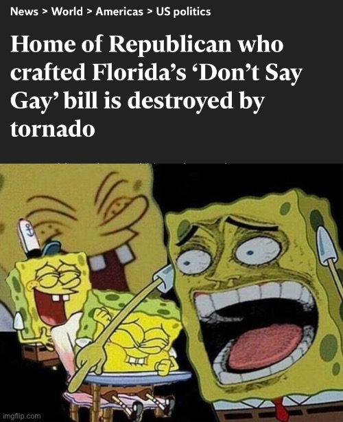 There is a god after all | image tagged in spongebob laughing hysterically,homophobia,lgbtq,conservative hypocrisy,karma,florida | made w/ Imgflip meme maker