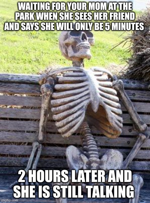 Waiting Skeleton | WAITING FOR YOUR MOM AT THE PARK WHEN SHE SEES HER FRIEND AND SAYS SHE WILL ONLY BE 5 MINUTES; 2 HOURS LATER AND SHE IS STILL TALKING | image tagged in memes,waiting skeleton | made w/ Imgflip meme maker