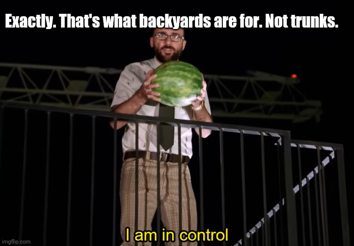 I am in control | Exactly. That's what backyards are for. Not trunks. | image tagged in i am in control | made w/ Imgflip meme maker