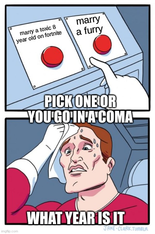 Two Buttons | marry a furry; marry a toxic 8 year old on fortnite; PICK ONE OR YOU GO IN A COMA; WHAT YEAR IS IT | image tagged in memes,two buttons | made w/ Imgflip meme maker