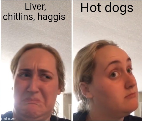 Descions | Hot dogs; Liver, chitlins, haggis | image tagged in kombucha girl,memes | made w/ Imgflip meme maker