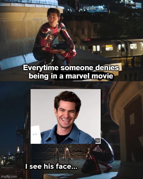 Everywhere I go I see his face | Everytime someone denies being in a marvel movie | image tagged in everywhere i go i see his face,memes,spiderman | made w/ Imgflip meme maker