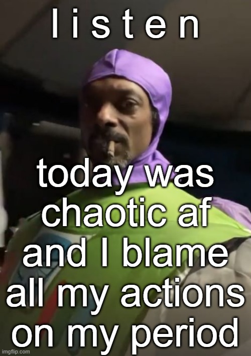 I regret everything that happened in the past 24hrs,,,, p l s forgib | l i s t e n; today was chaotic af and I blame all my actions on my period | image tagged in snoop | made w/ Imgflip meme maker