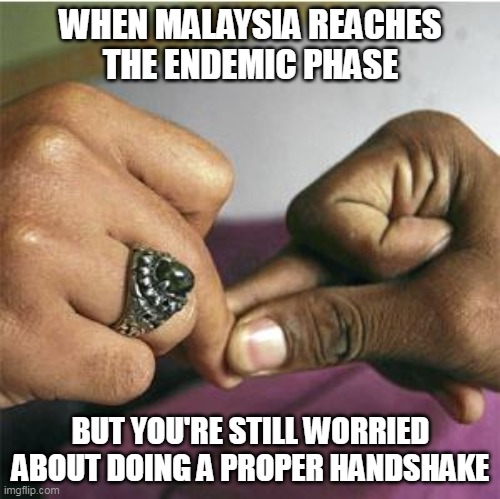 The mini hand shake | WHEN MALAYSIA REACHES
THE ENDEMIC PHASE; BUT YOU'RE STILL WORRIED ABOUT DOING A PROPER HANDSHAKE | image tagged in covid-19,handshake,epic handshake,social distancing | made w/ Imgflip meme maker