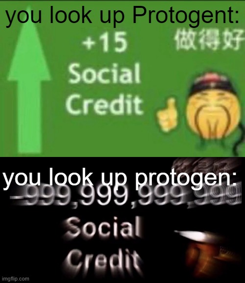 Just don't. | you look up Protogent:; you look up protogen: | image tagged in 15 social credit,-999 999 999 999 social credit | made w/ Imgflip meme maker
