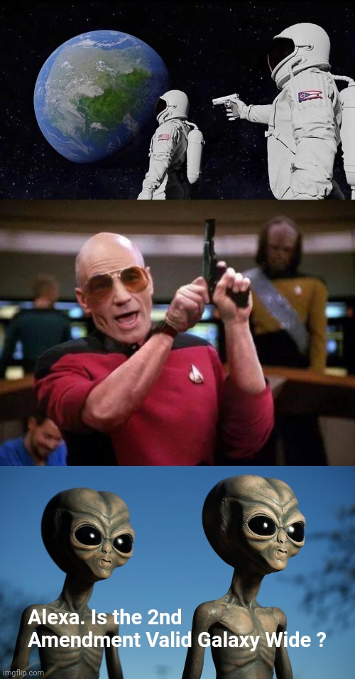Isn't there a song...."Space Cowboys" ? | Alexa. Is the 2nd Amendment Valid Galaxy Wide ? | image tagged in memes,always has been,picard pistol memes star trek | made w/ Imgflip meme maker