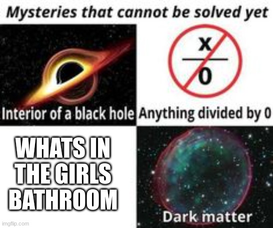 Image Title | WHATS IN THE GIRLS BATHROOM | image tagged in mysteries that cannot be solved yet | made w/ Imgflip meme maker