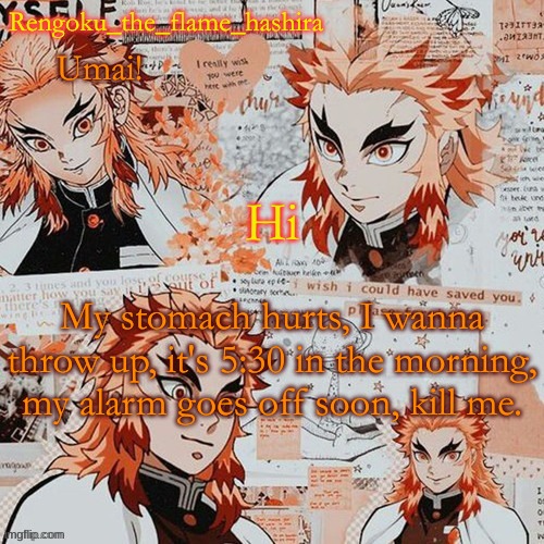 Rengoku_the_flame_hashira's template! (thanks,@Dagger.!) | Hi; My stomach hurts, I wanna throw up, it's 5:30 in the morning, my alarm goes off soon, kill me. | image tagged in rengoku_the_flame_hashira's template thanks dagger | made w/ Imgflip meme maker