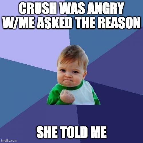 crush told me the reason | CRUSH WAS ANGRY W/ME ASKED THE REASON; SHE TOLD ME | image tagged in memes,success kid | made w/ Imgflip meme maker