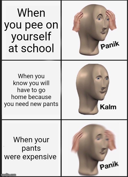 Panik Kalm Panik Meme | When you pee on yourself at school; When you know you will have to go home because you need new pants; When your pants were expensive | image tagged in memes,panik kalm panik | made w/ Imgflip meme maker