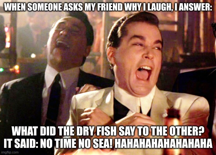 That my fella, is a good joke in Sweden | WHEN SOMEONE ASKS MY FRIEND WHY I LAUGH, I ANSWER:; WHAT DID THE DRY FISH SAY TO THE OTHER? IT SAID: NO TIME NO SEA! HAHAHAHAHAHAHAHA | image tagged in memes,good fellas hilarious | made w/ Imgflip meme maker