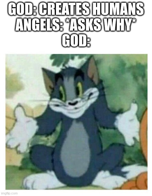 IDK Tom Template | GOD: CREATES HUMANS
ANGELS: *ASKS WHY*
GOD: | image tagged in idk tom template | made w/ Imgflip meme maker