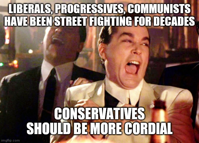 This is not your Daddy's Party anymore | LIBERALS, PROGRESSIVES, COMMUNISTS HAVE BEEN STREET FIGHTING FOR DECADES; CONSERVATIVES SHOULD BE MORE CORDIAL | image tagged in memes,good fellas hilarious,street fighter,dirty laundry,the constitution,freedom | made w/ Imgflip meme maker